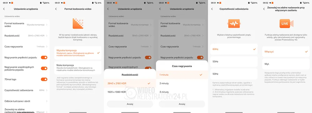 parametry nagrań video kamery samochodowej 70mai 4k a800se