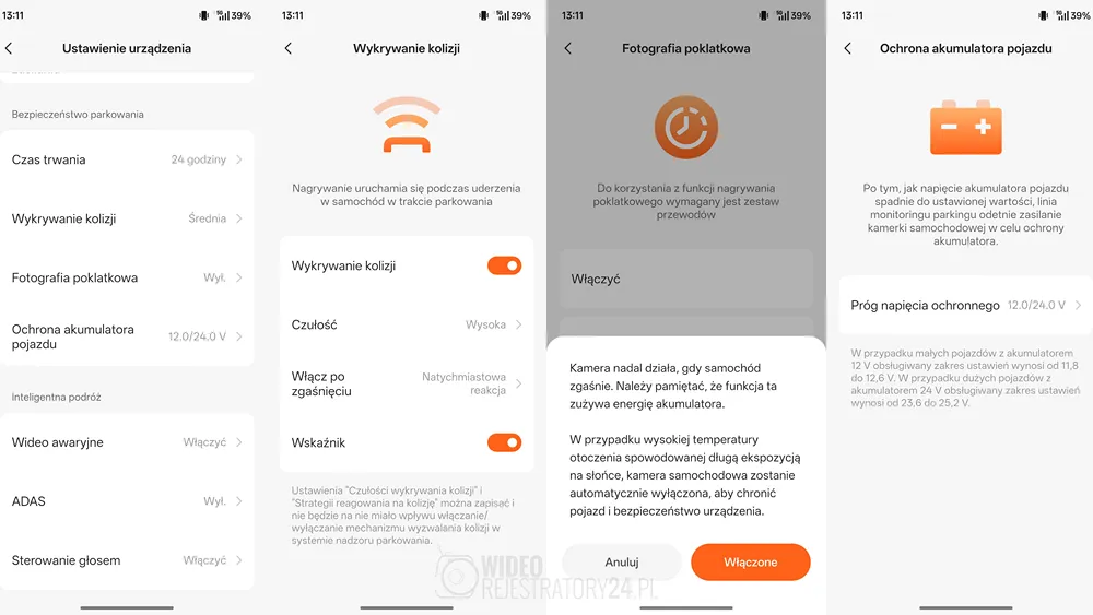 ustawienia trybu parkingowego w kamerze samochodowej 70mai a800se z adapterem 70mai up04