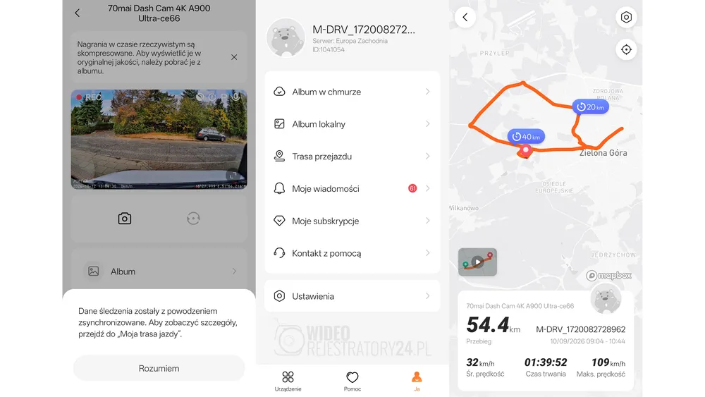 kamera samochodowa 70mai a810 lite dziennik tras