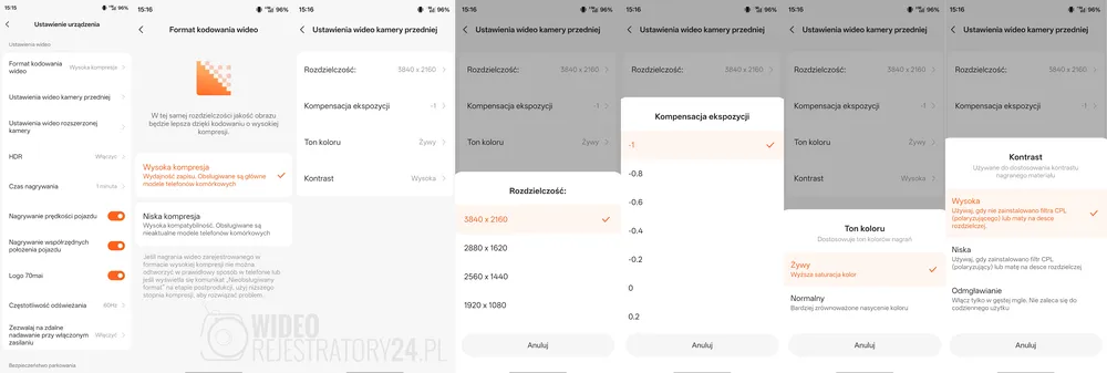 parametry nagrań video kamery samochodowej 70mai 4k a900 ultra