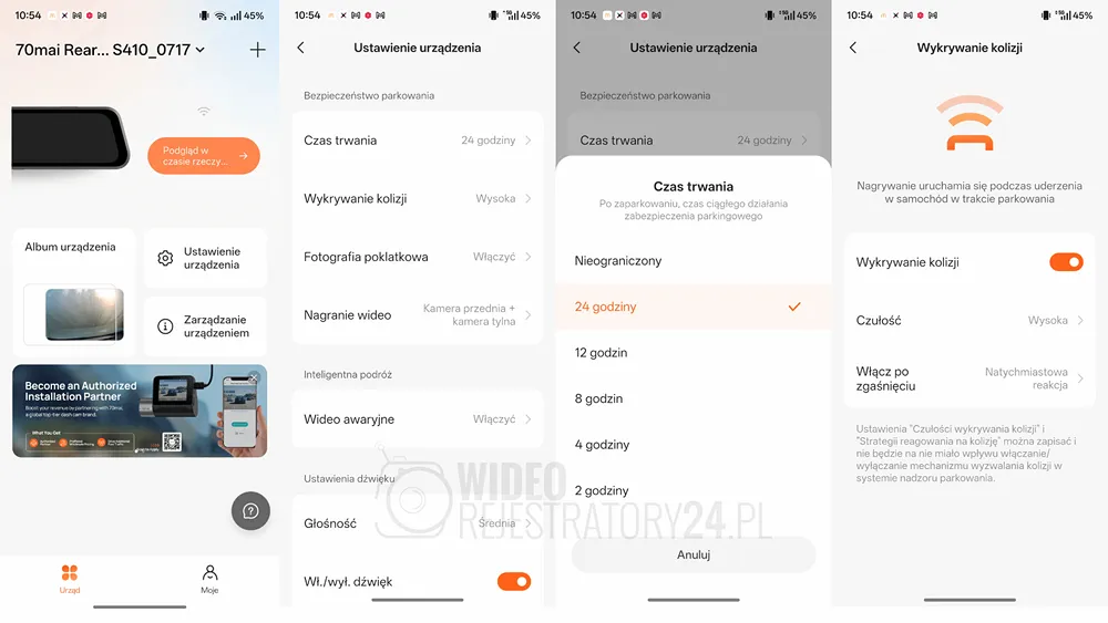 ustawienia trybu nadzoru parkowania w kamerze samochodowej 70mai s410