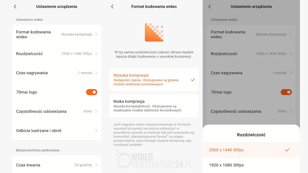 ustawienia kamery samochodowej 70mai ss410