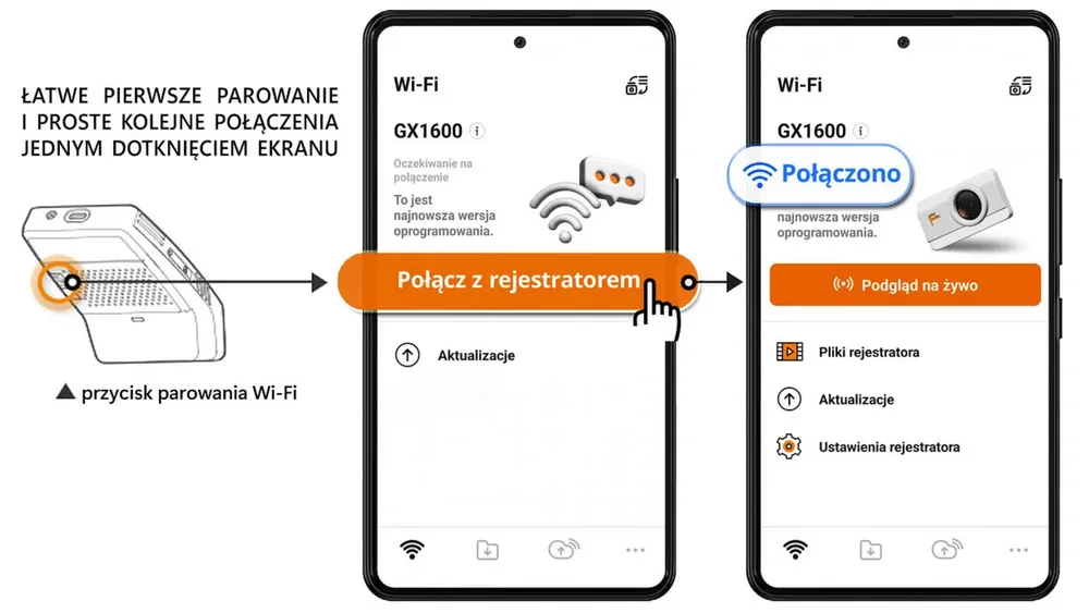 sterowanie za pomocą aplikacji mobilnej kamerą samochodową finevu gx1600